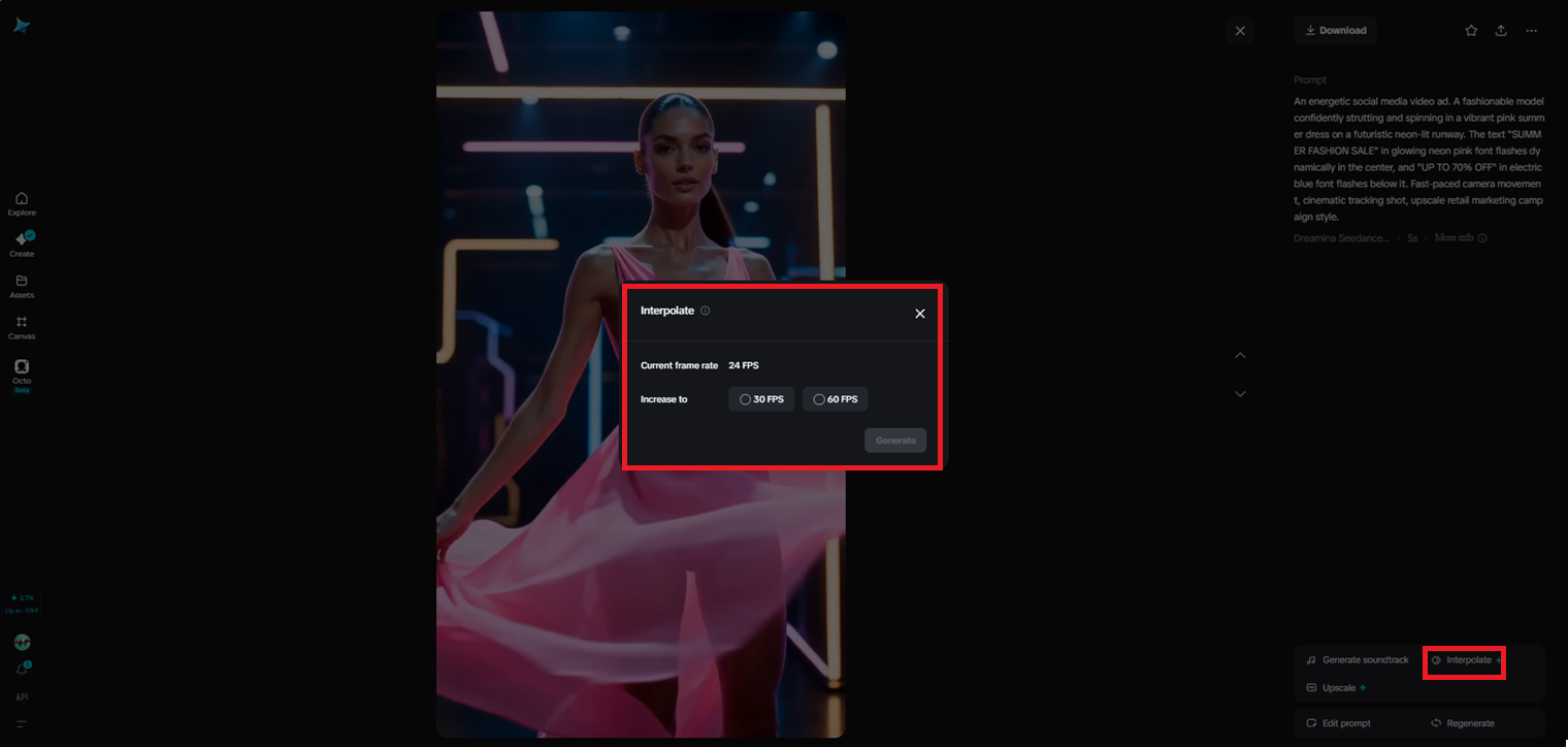 Interpolation feature in Dreamina