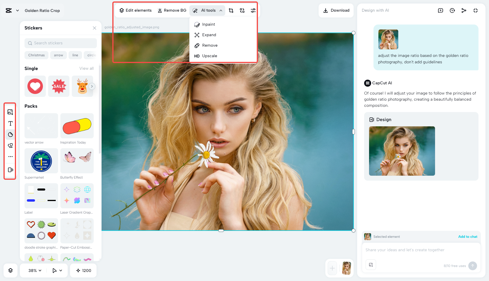 Editing and enhancing the golden ratio photo in CapCut