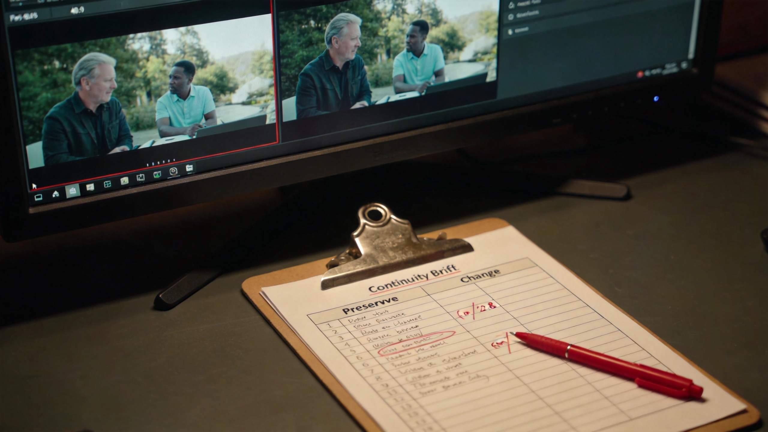 Video editing monitor above a continuity brief clipboard with a red pen