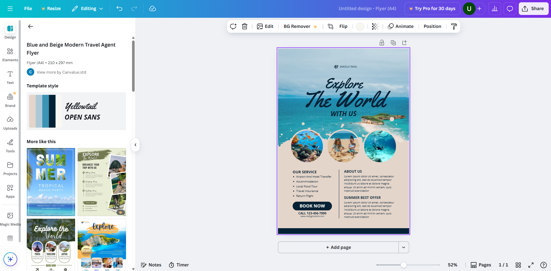 Interface of Canva flyer maker
