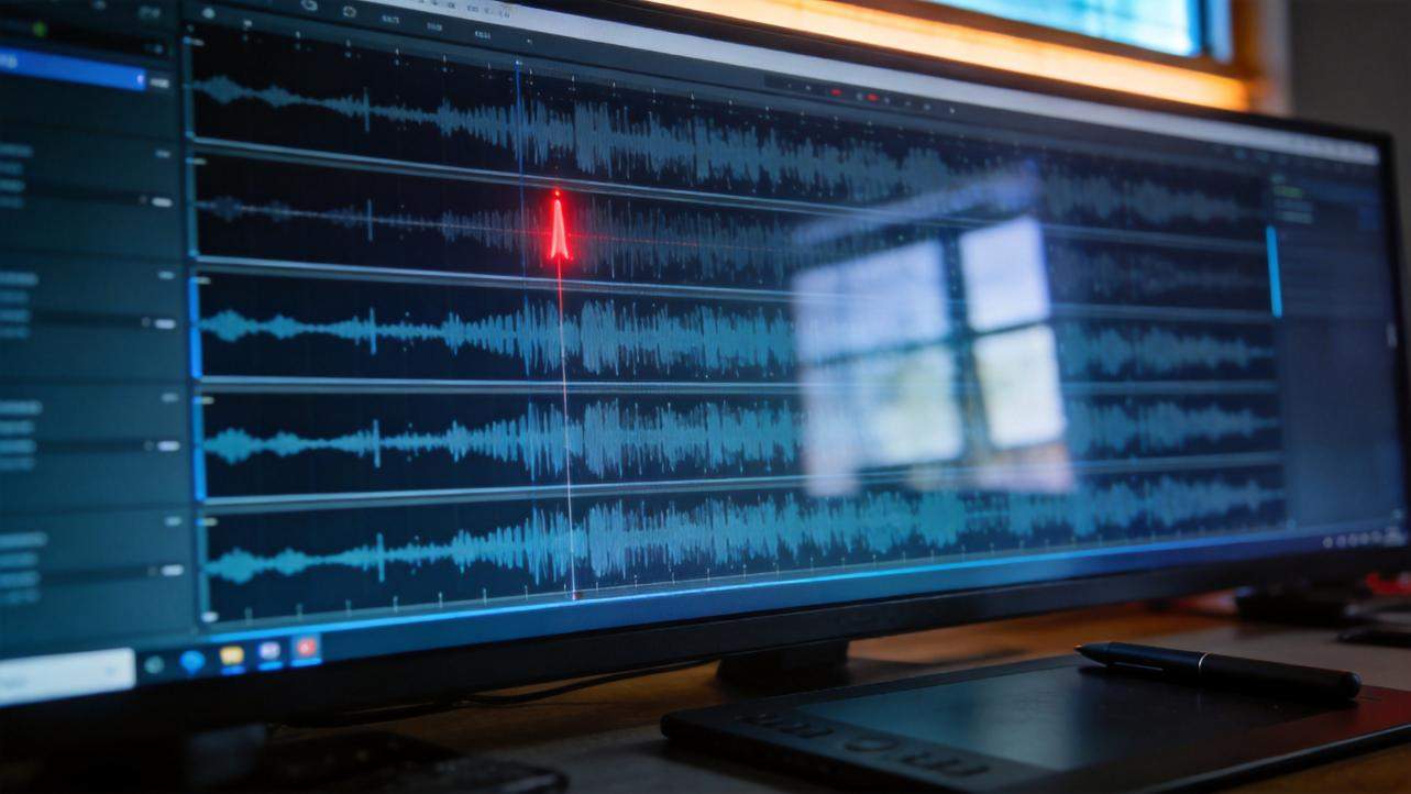 Audio editing timeline with multiple waveforms and a red playhead on a computer monitor