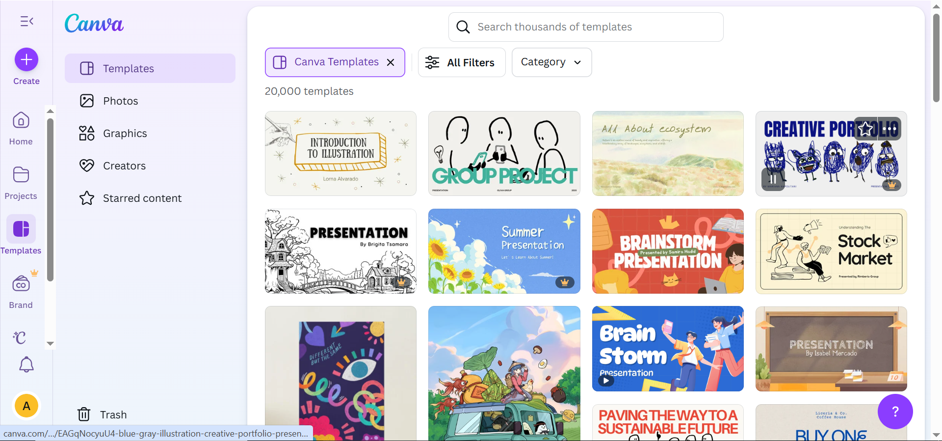 Página de inicio de Canva