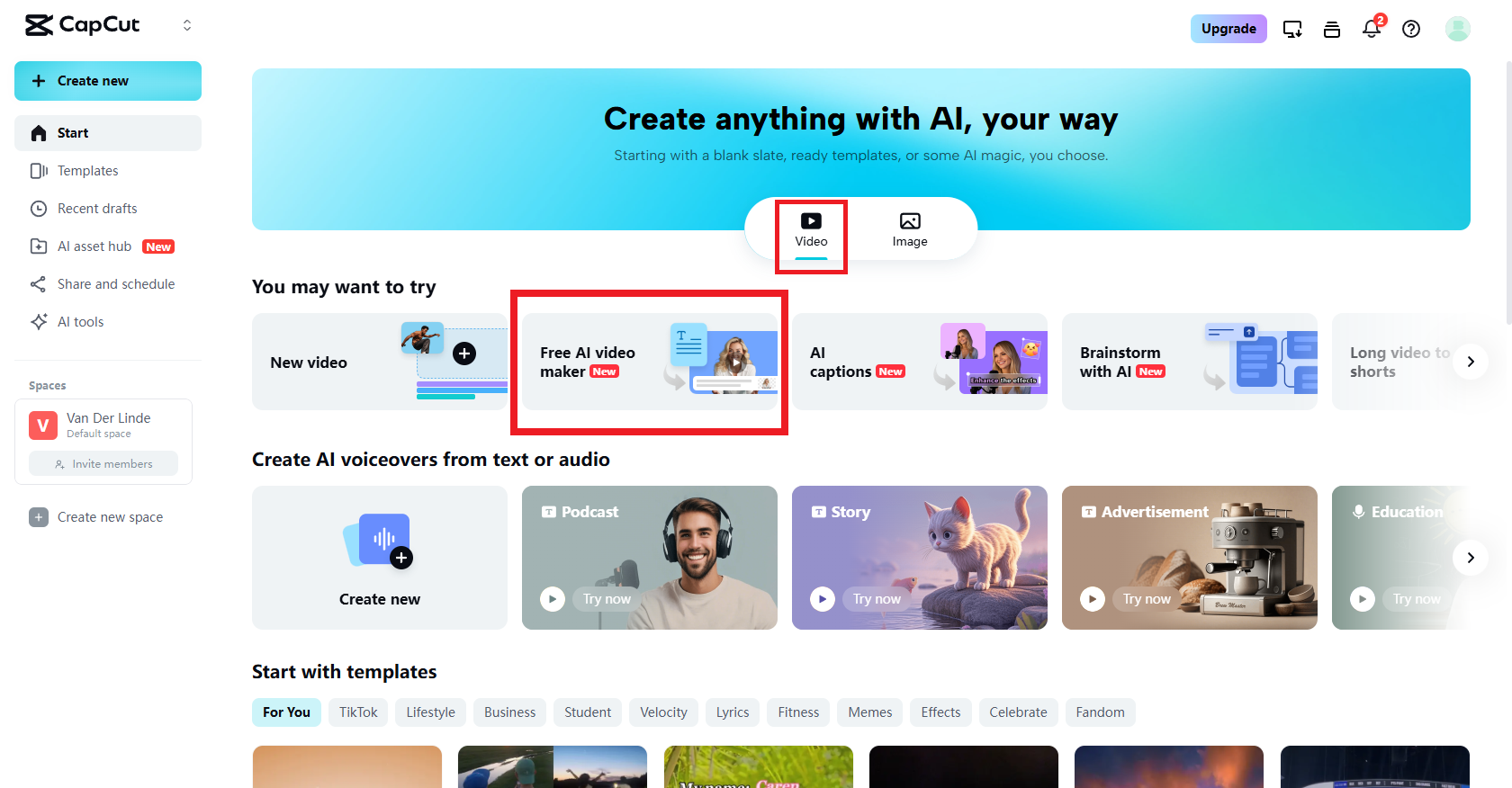Pilih pilihan "Free AI video maker".