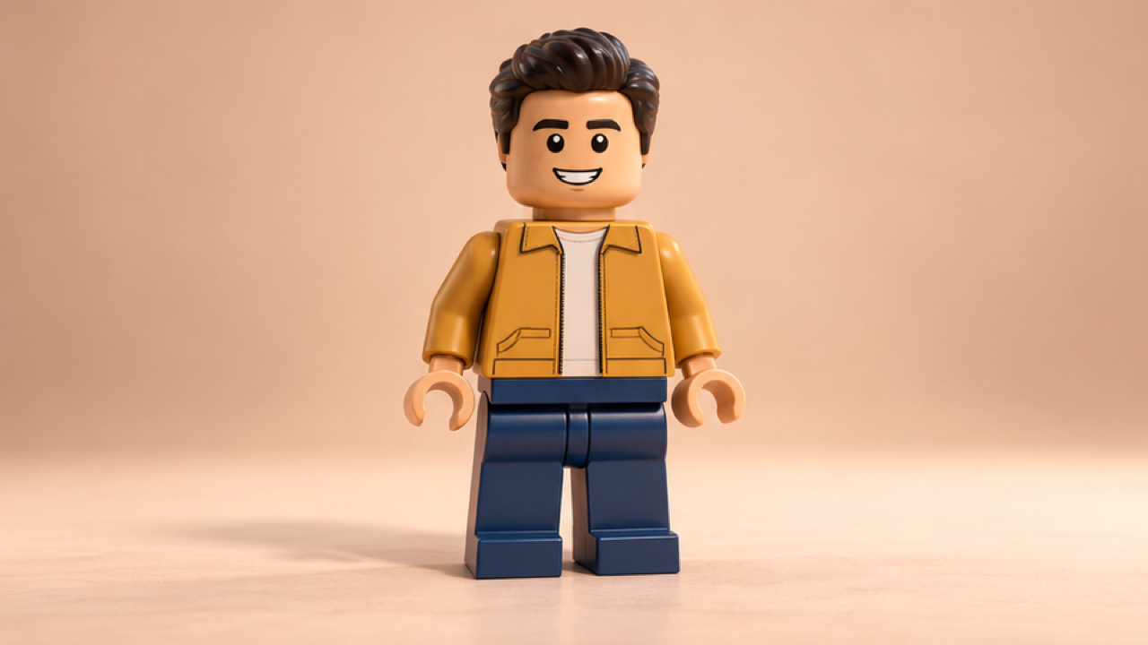 Premium 3D rendered 16:9 STILL keyframe featuring an original brick-style toy figure with a smiling adult-inspired face, short dark molded hair, a mustard jacket, dark blue legs, and simple articulated hands, in a cream tabletop studio with soft peach backdrop. Keep entire toy figure and subtle grounded shadow fully inside the composition. Detailed materials, coherent anatomy, balanced cinematic lighting, clean background separation. One coherent scene, no text, logos, watermark.