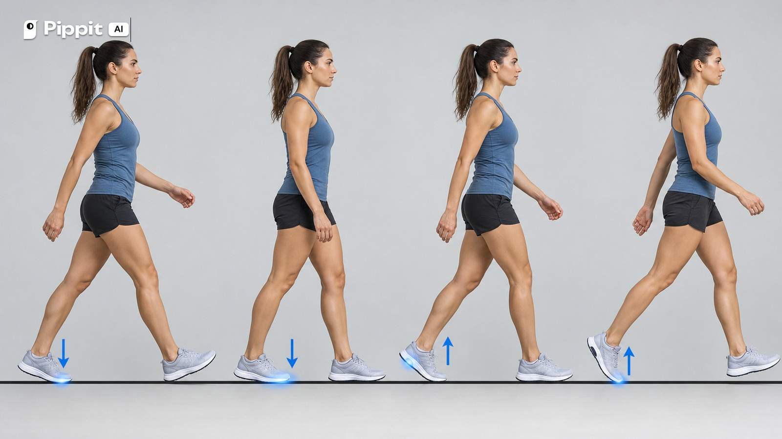 Four side-view walking phases show contact and lift with blue arrows.