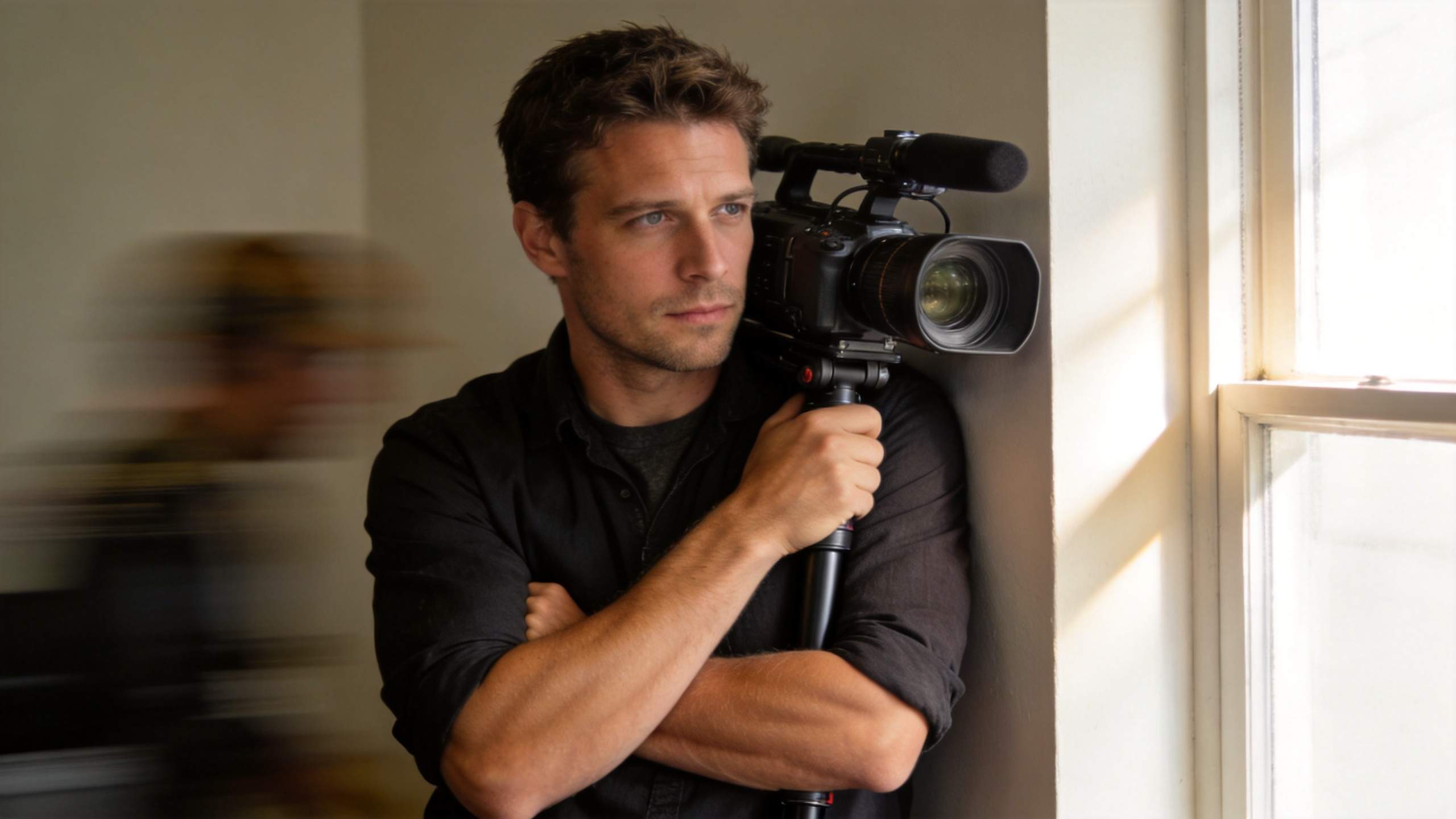 Man filming with a video camera beside a window while a blurred figure passes in the background