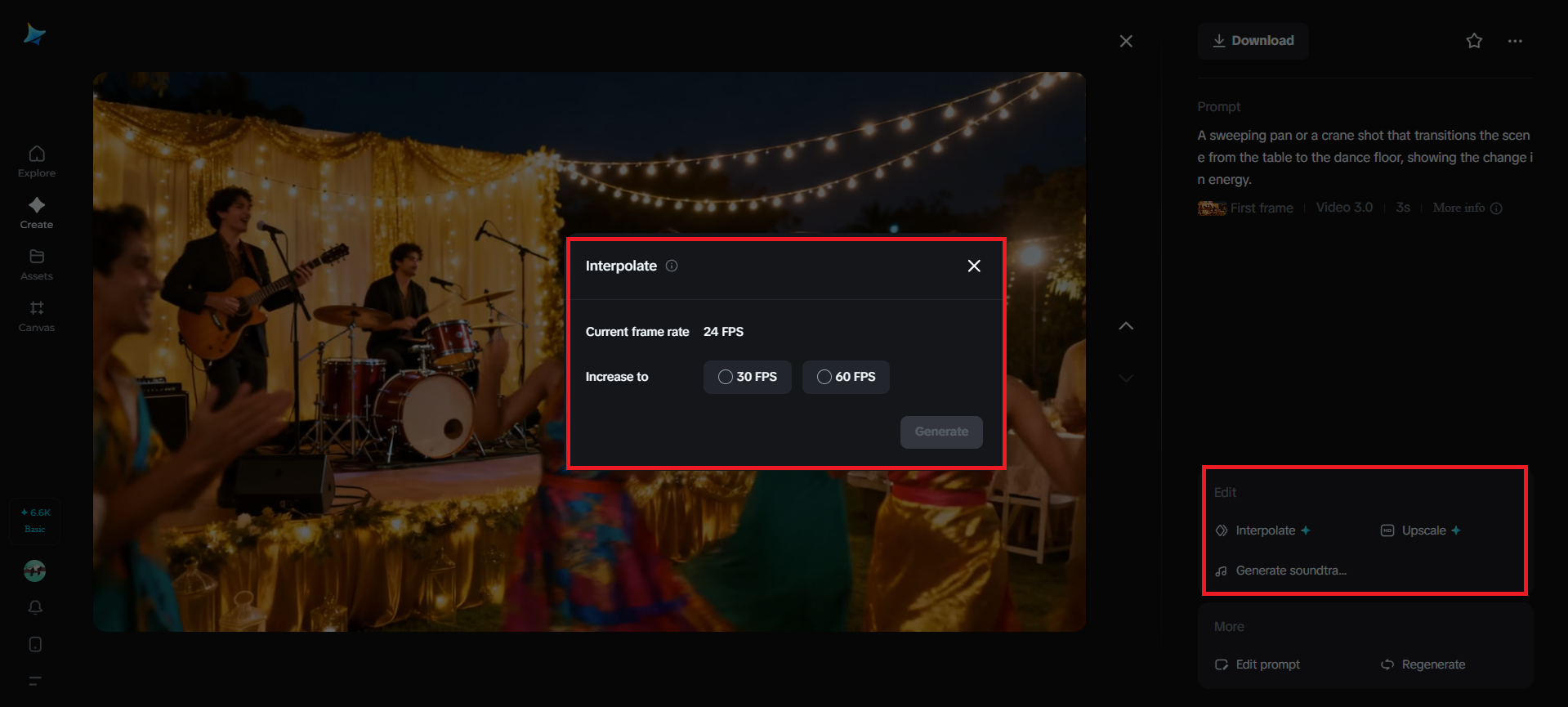Video interpolate feature in Dreamina