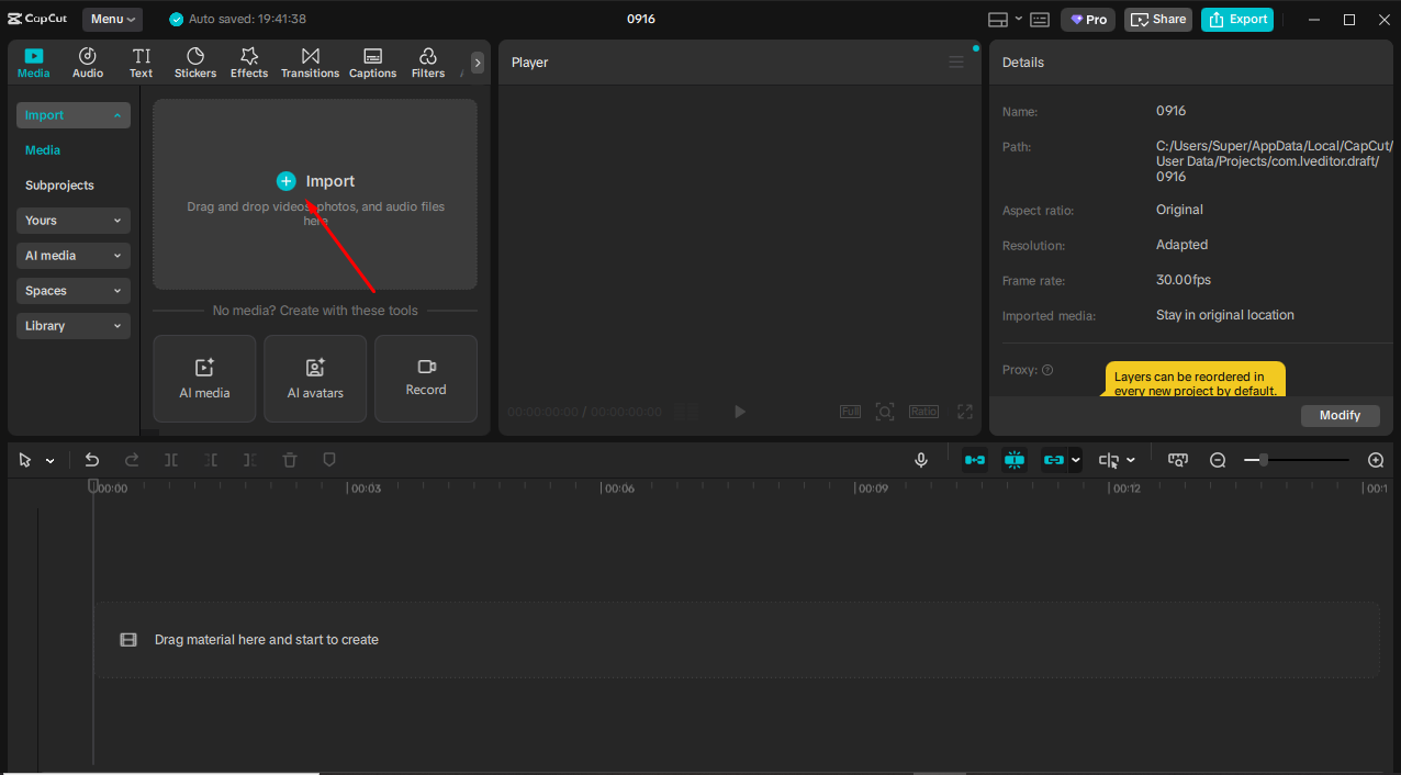 Importing video in the CapCut desktop video editor