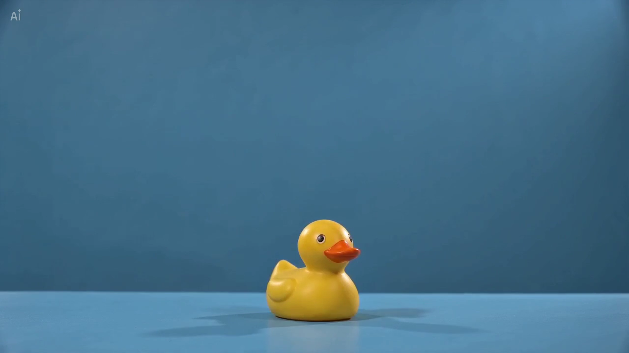 Late frame of the generated clip showing the duck back on the blue tabletop