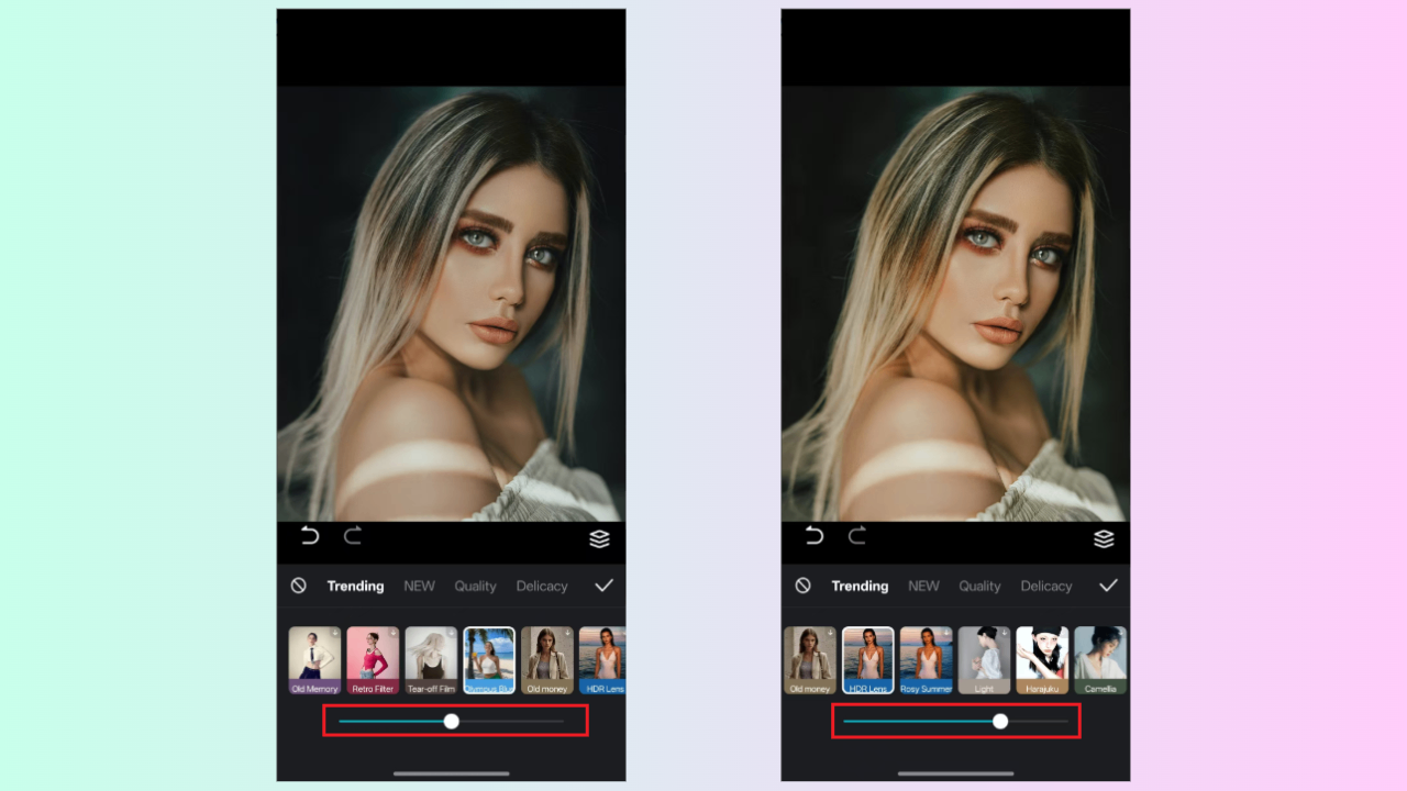 Adjust the intensity of the chosen filter
