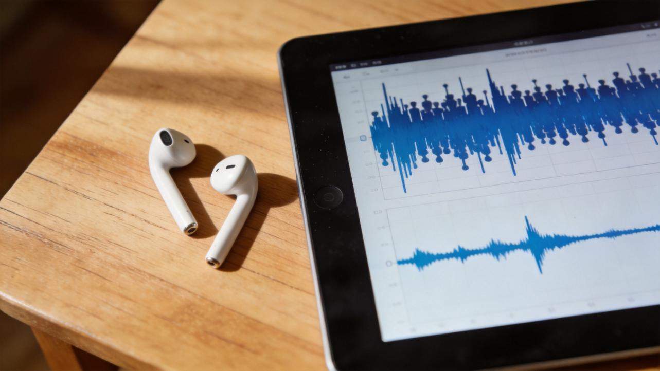 Wireless earbuds beside a tablet displaying blue audio waveforms