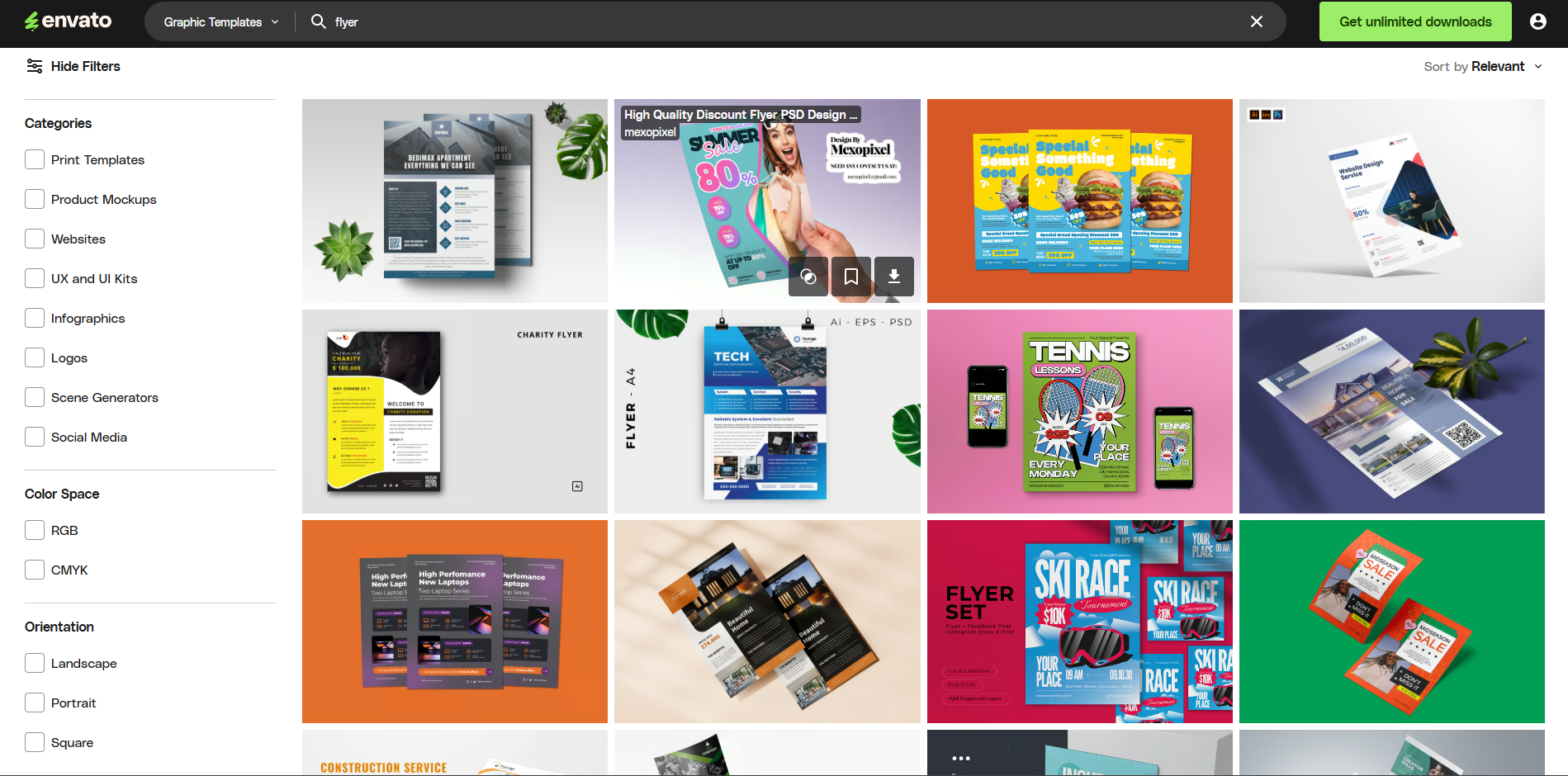 Interface of Envato - the best site to download free Photoshop flyer templates