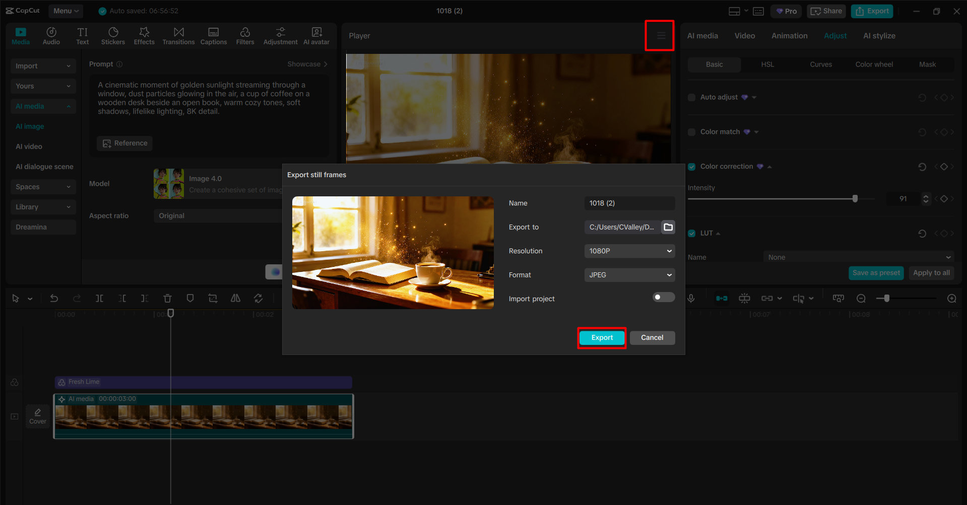 Exporting the image from the CapCut desktop video editor