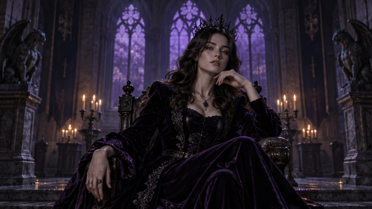 An adult woman wearing a dark violet velvet gown and small black crown, seated on an ornate throne in a gothic hall, violet window light, original fictional persona