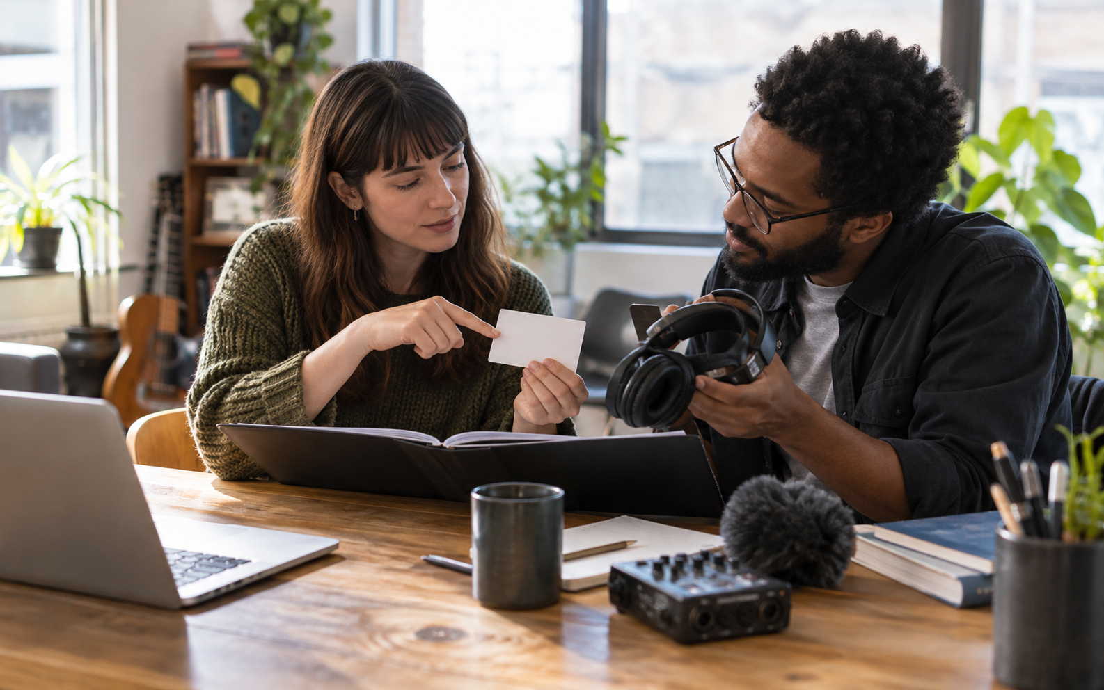 Two editors exchanging headphones and reviewing a folder together, one points to a blank index card, daylight collaborative workspace.