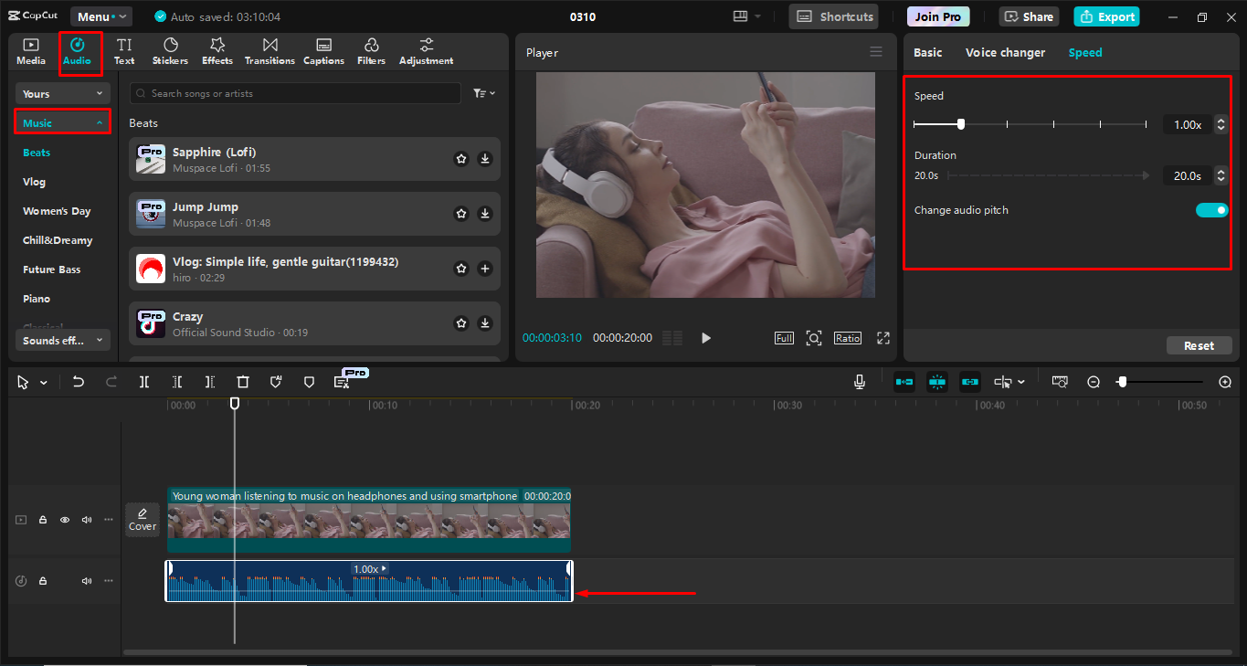 Adding and adjusting the song in the video using the Capcut desktop video editor