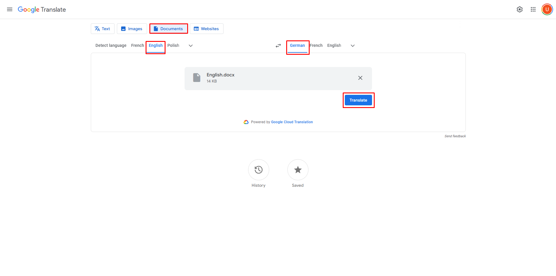 Translating an English document to German with Google Translate