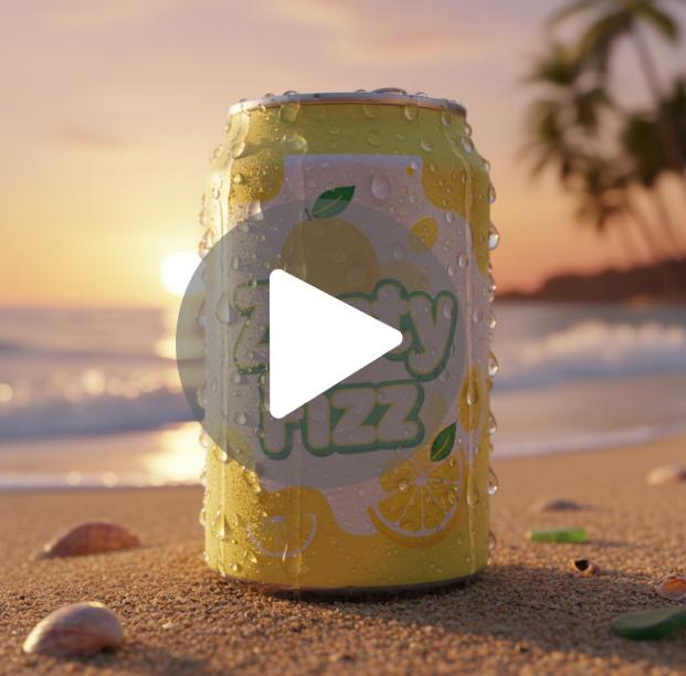 Güneşli bir sahilde limonlu soda dolu teneke kutu