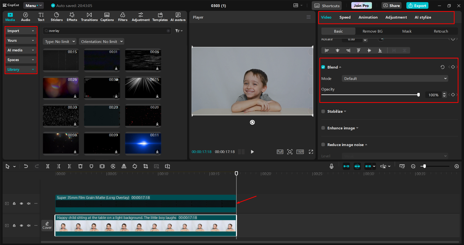 Adding and adjusting a free film grain overlay to videos in the CapCut desktop video editor