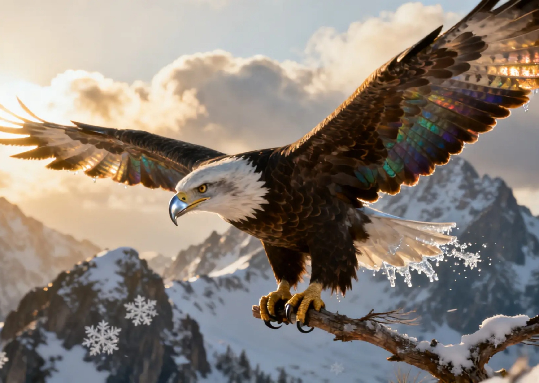 A majestic eagle soaring above snow-capped mountains