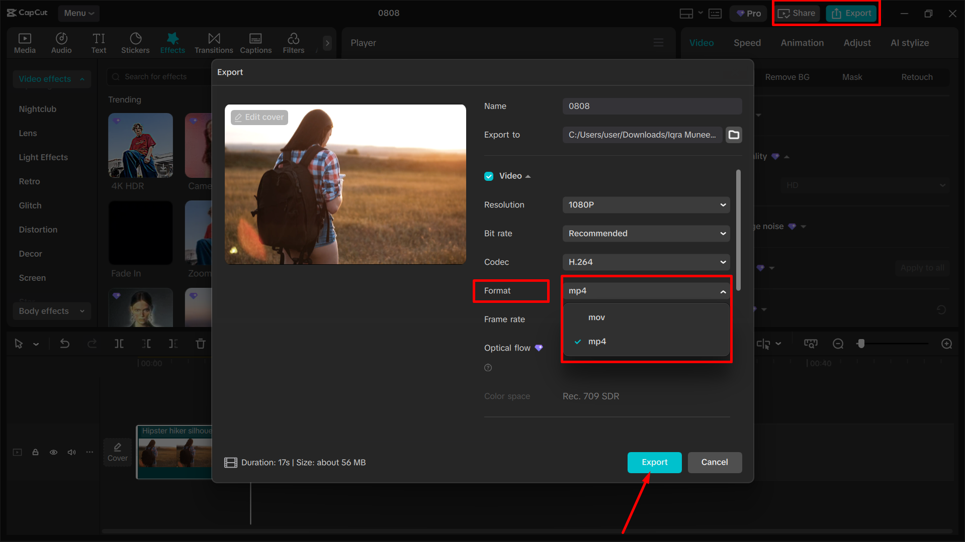Exporting video to the CapCut desktop video editor