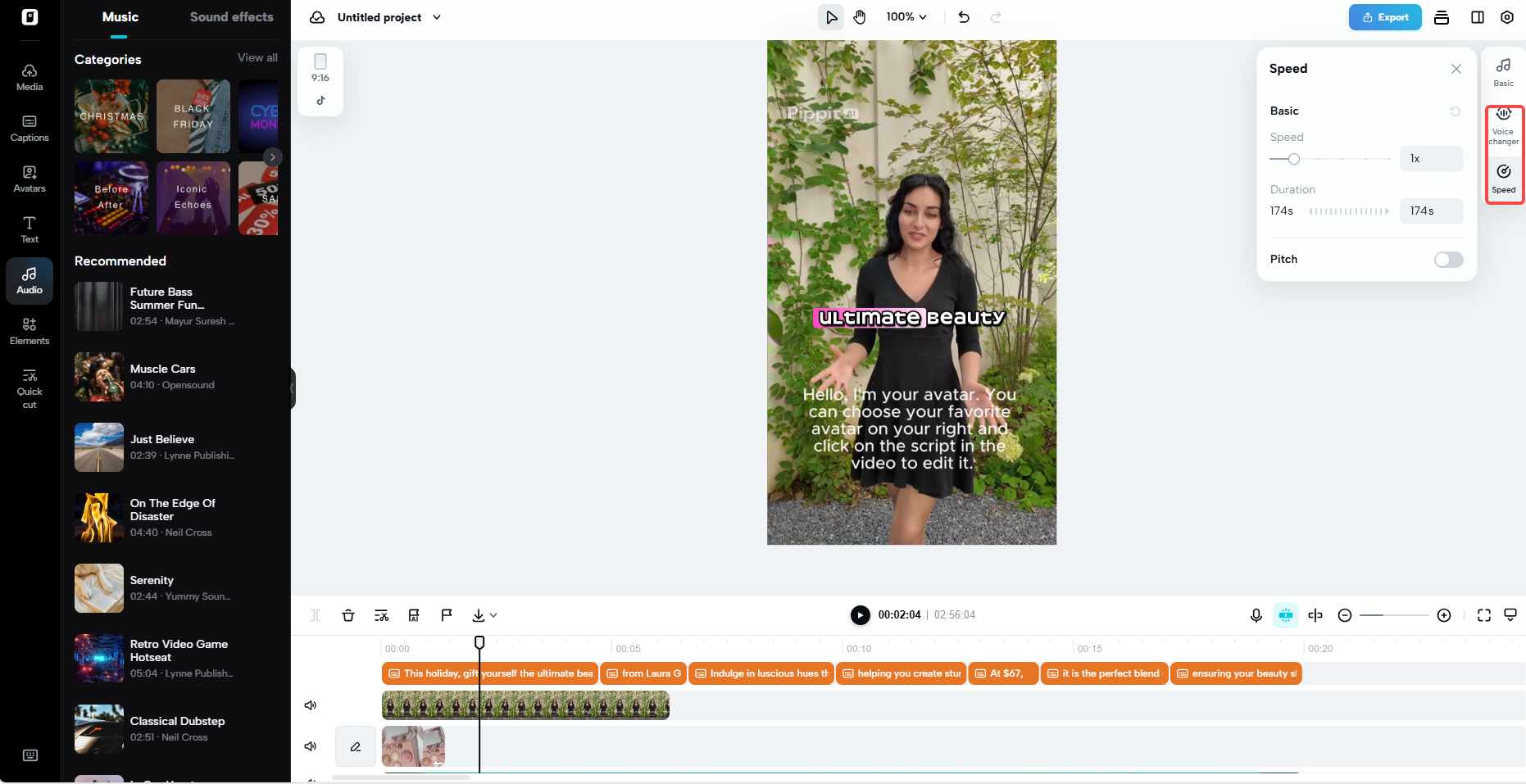 Changing speed and voice in Pippit