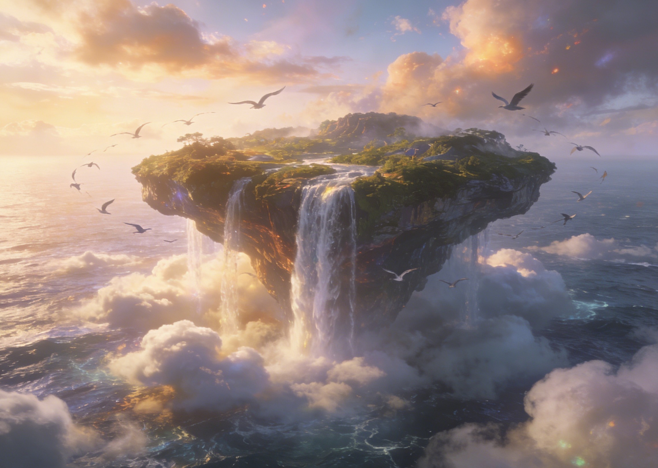 A floating island above the ocean