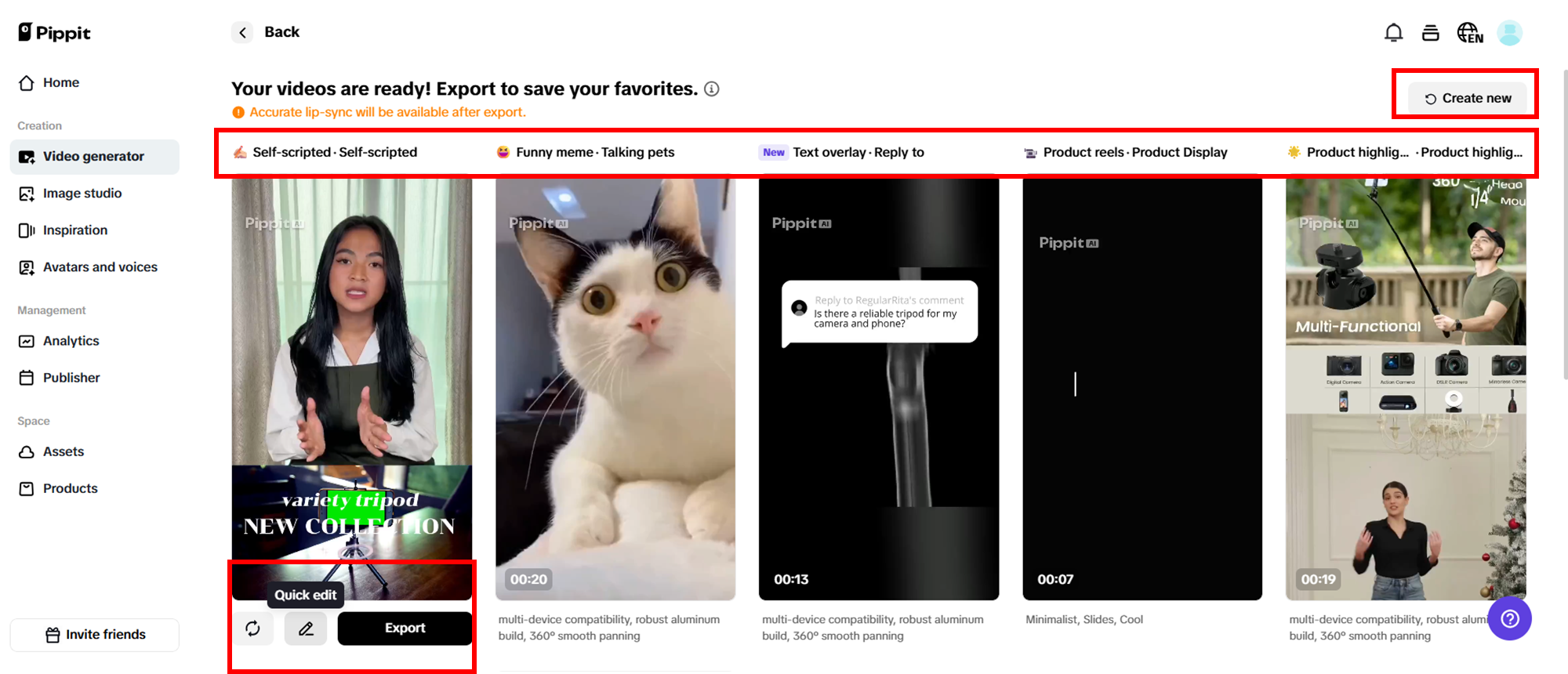 Selecione seu vídeo gerado preferido