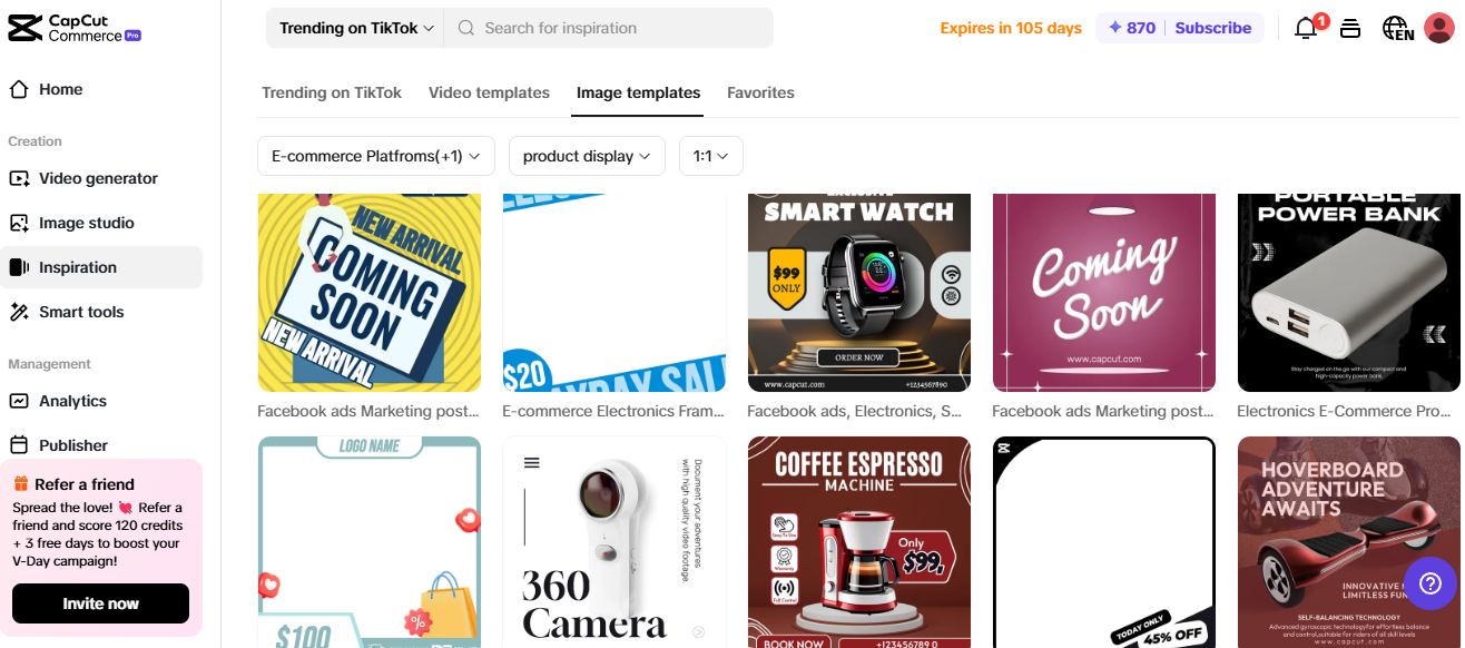 Interfața Pippit care prezintă șabloane de imagini pentru e-commerce, utilizabile în marketing afiliat și afișarea produselor.
