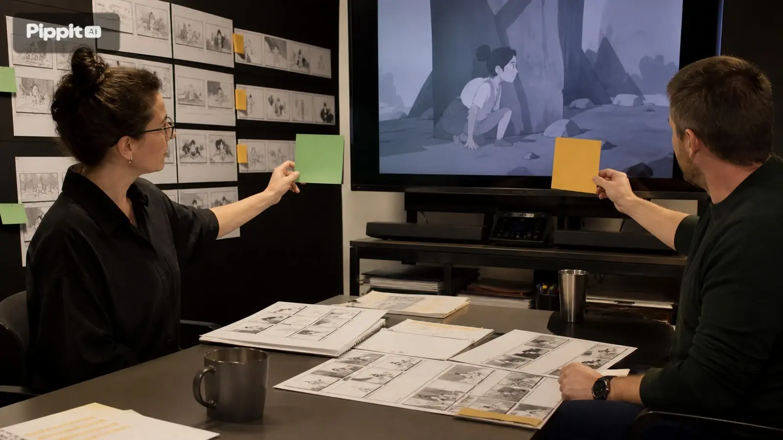 Deux personnes comparent les pages du storyboard avec un animatique sur un grand écran.