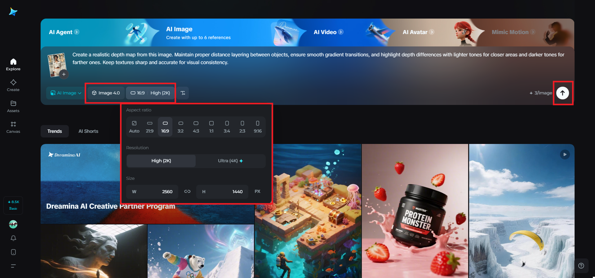 Select model, aspect ratio, and output resolution