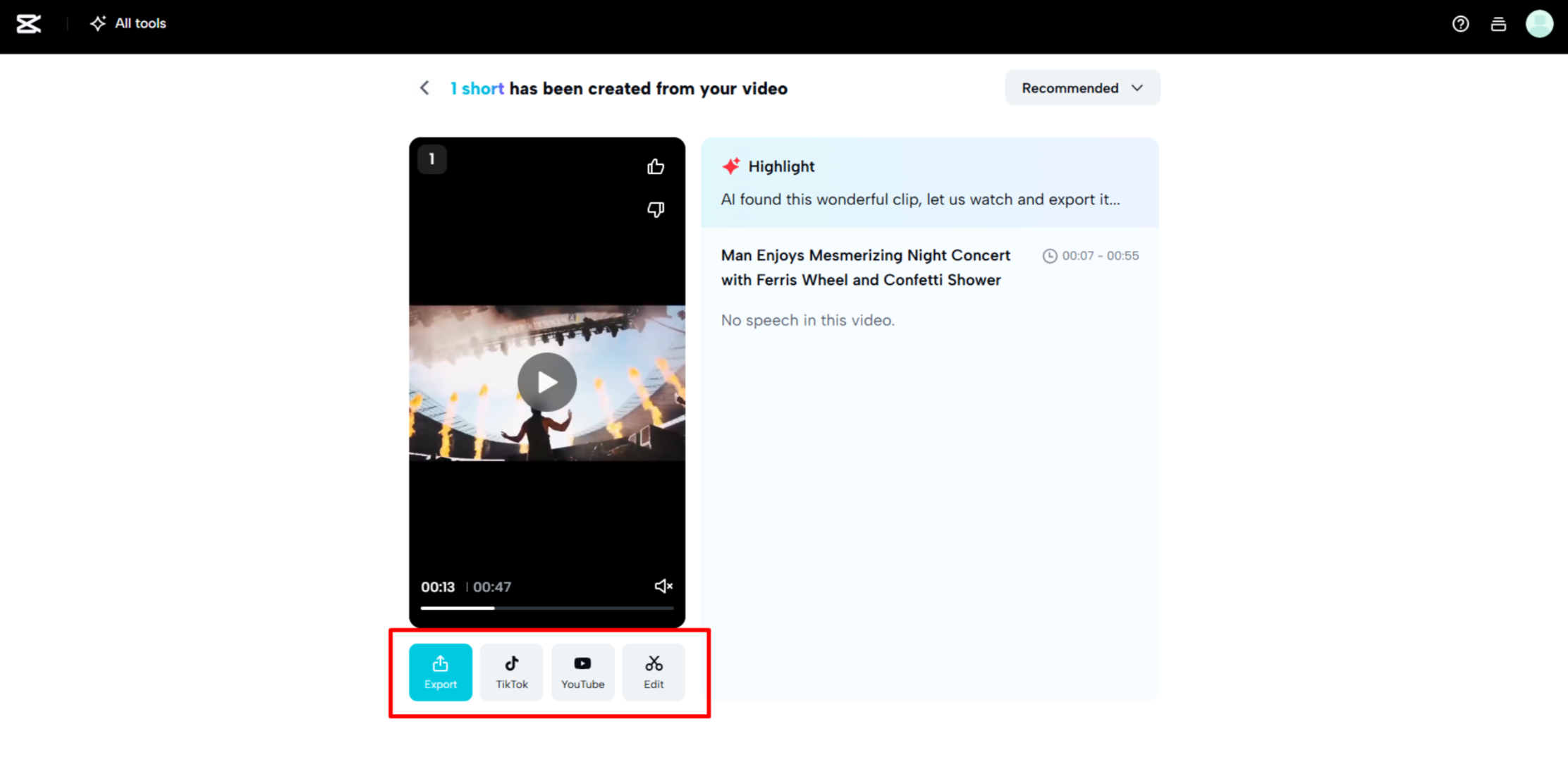 Herunterladen der finalen Shorts von CapCut Web