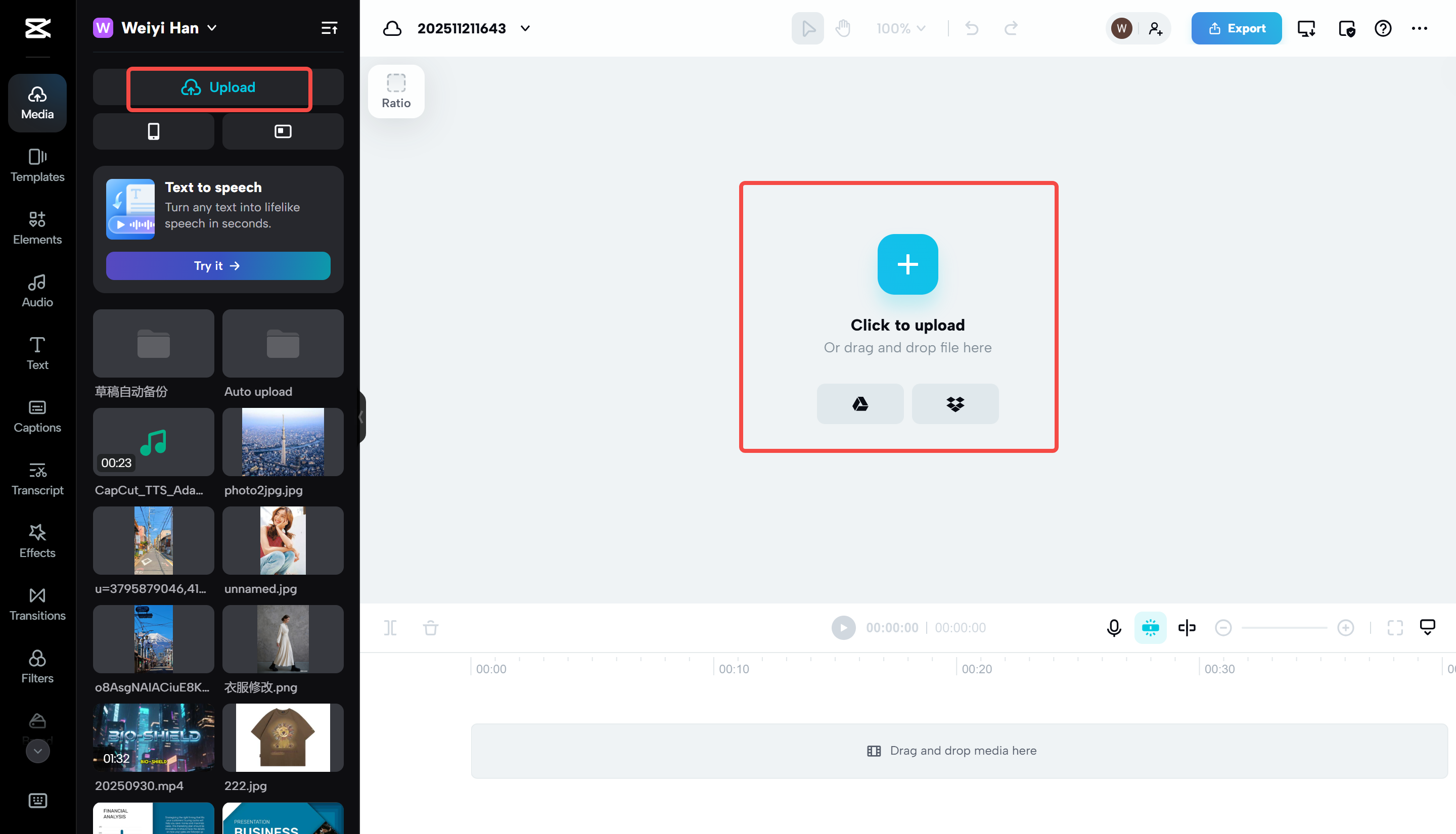 Upload and merge two videos using CapCut Web.