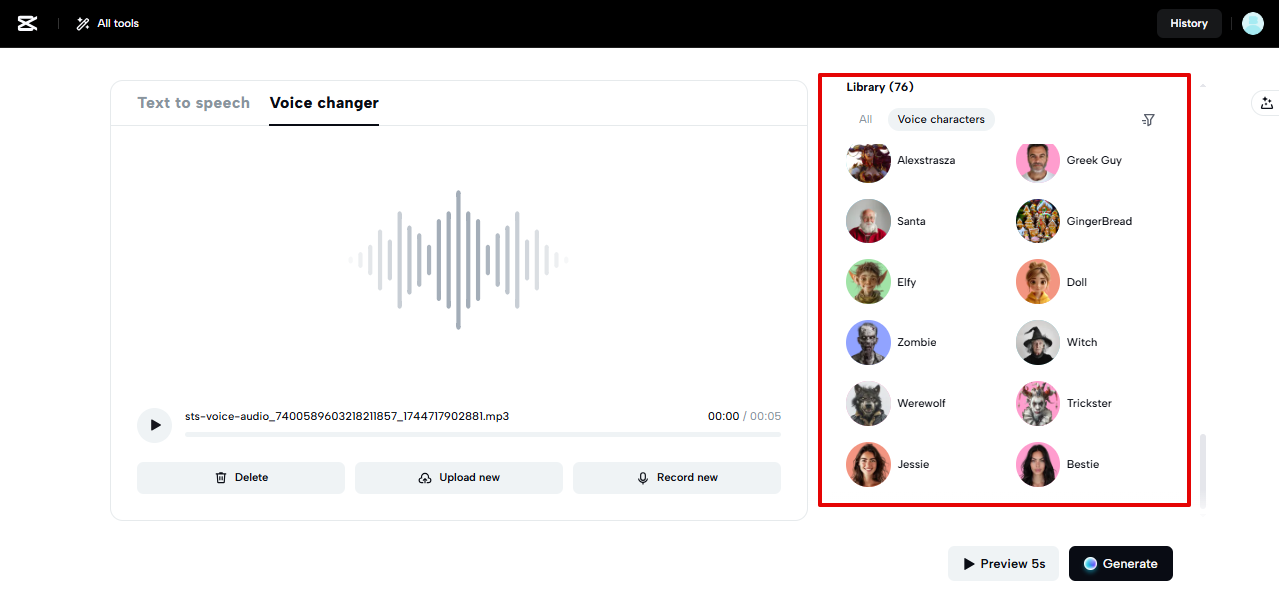 Voice characters library in CapCut Web