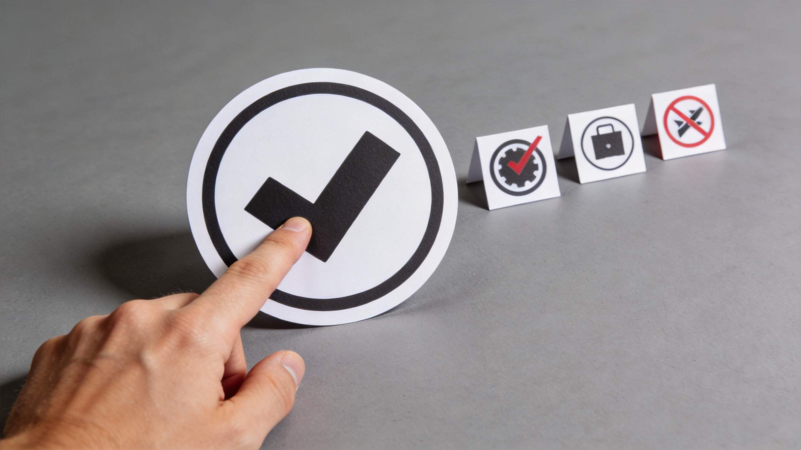 Hand pointing to a large checkmark icon, with smaller approval and warning icons behind it