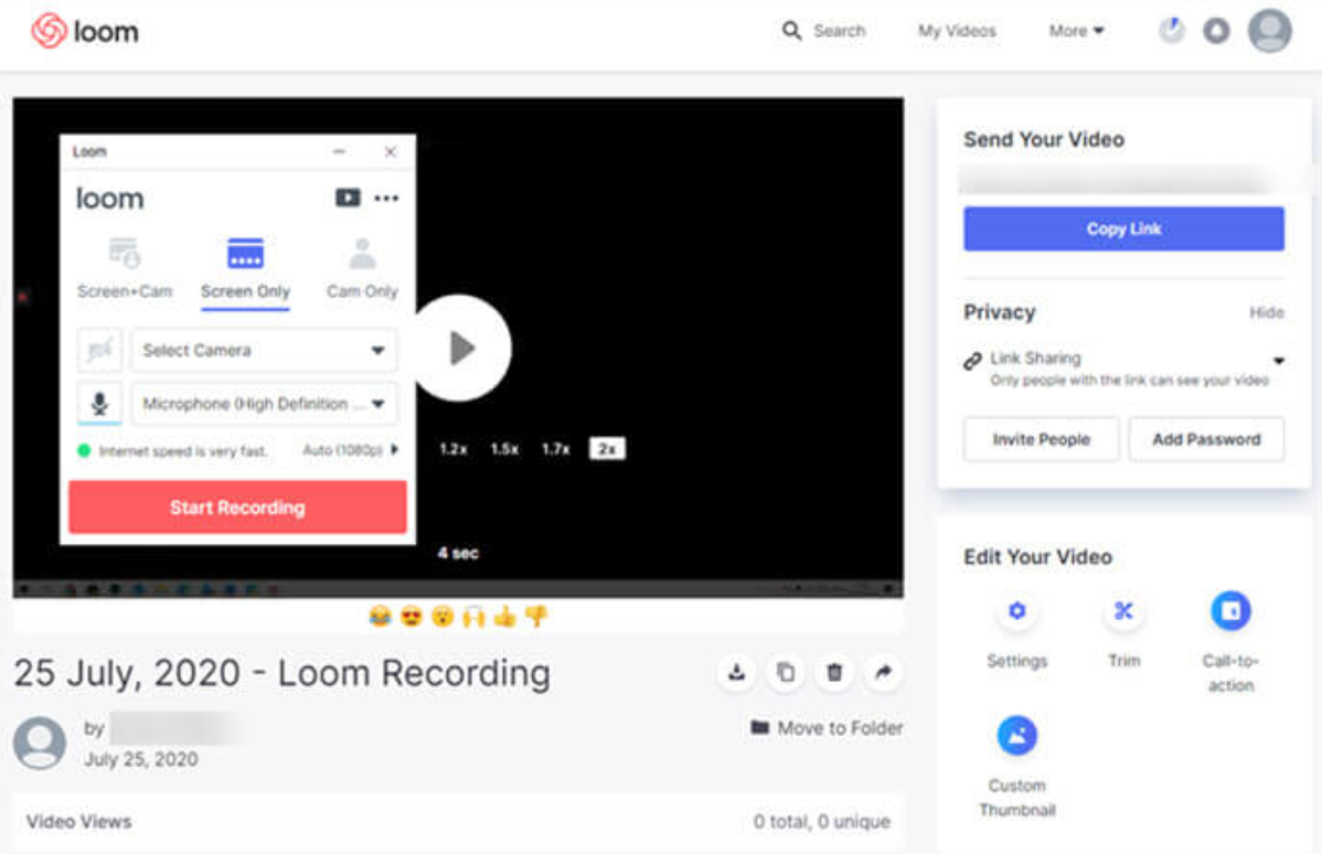 Interface of Loom - one of the best free no watermark screen recorder