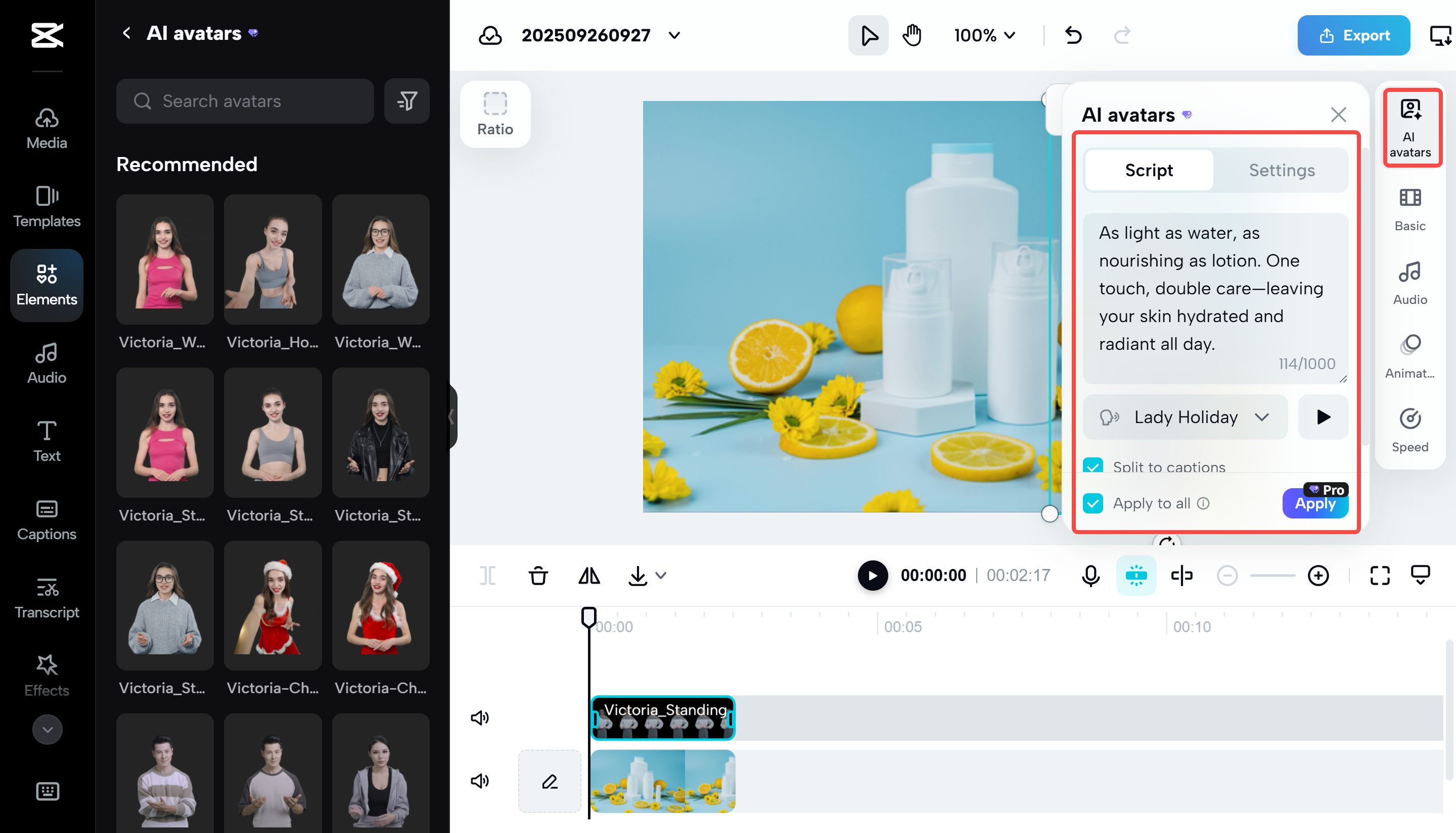 Personalizing the avatar on the CapCut Web