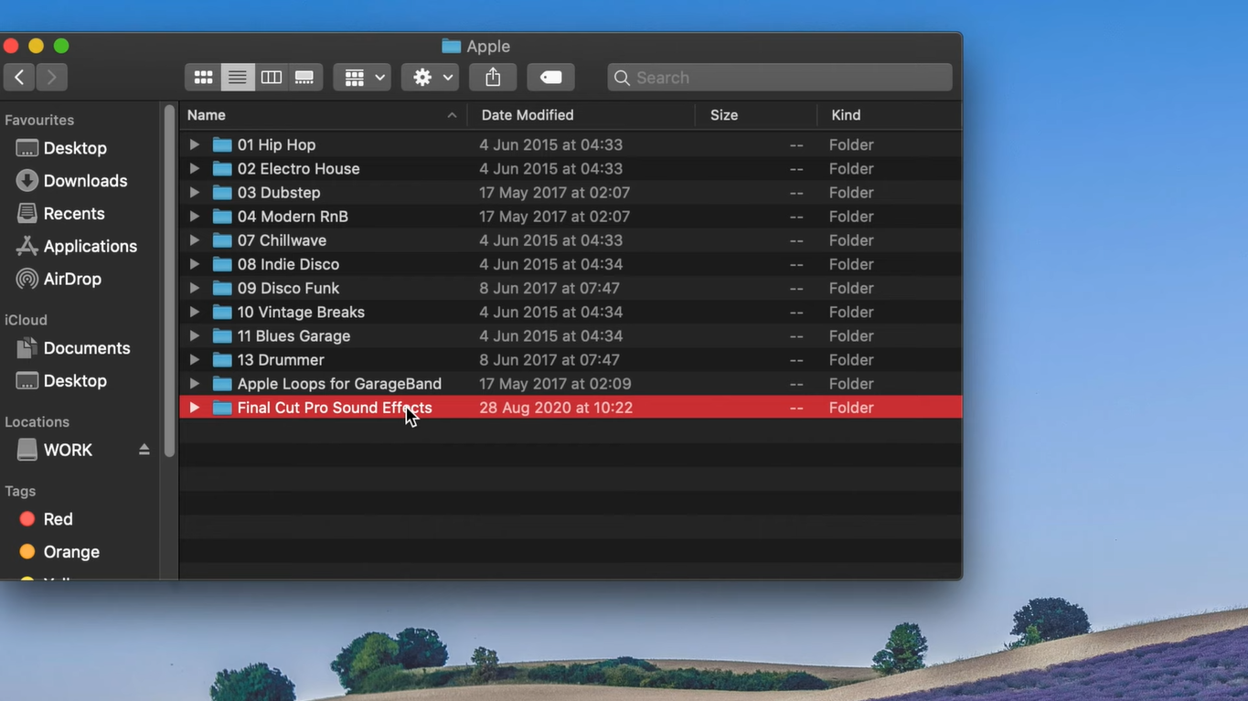 Locating the sound effects folder in Final Cut Pro