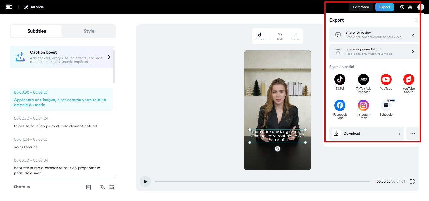 Exporting video from CapCut Web