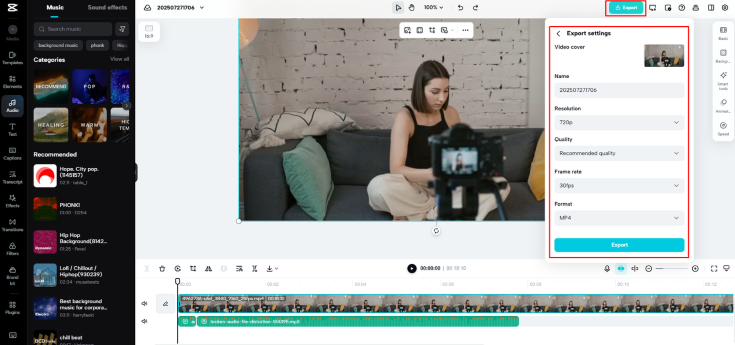 Exportieren der zusammengefügten MP3s aus CapCut Web