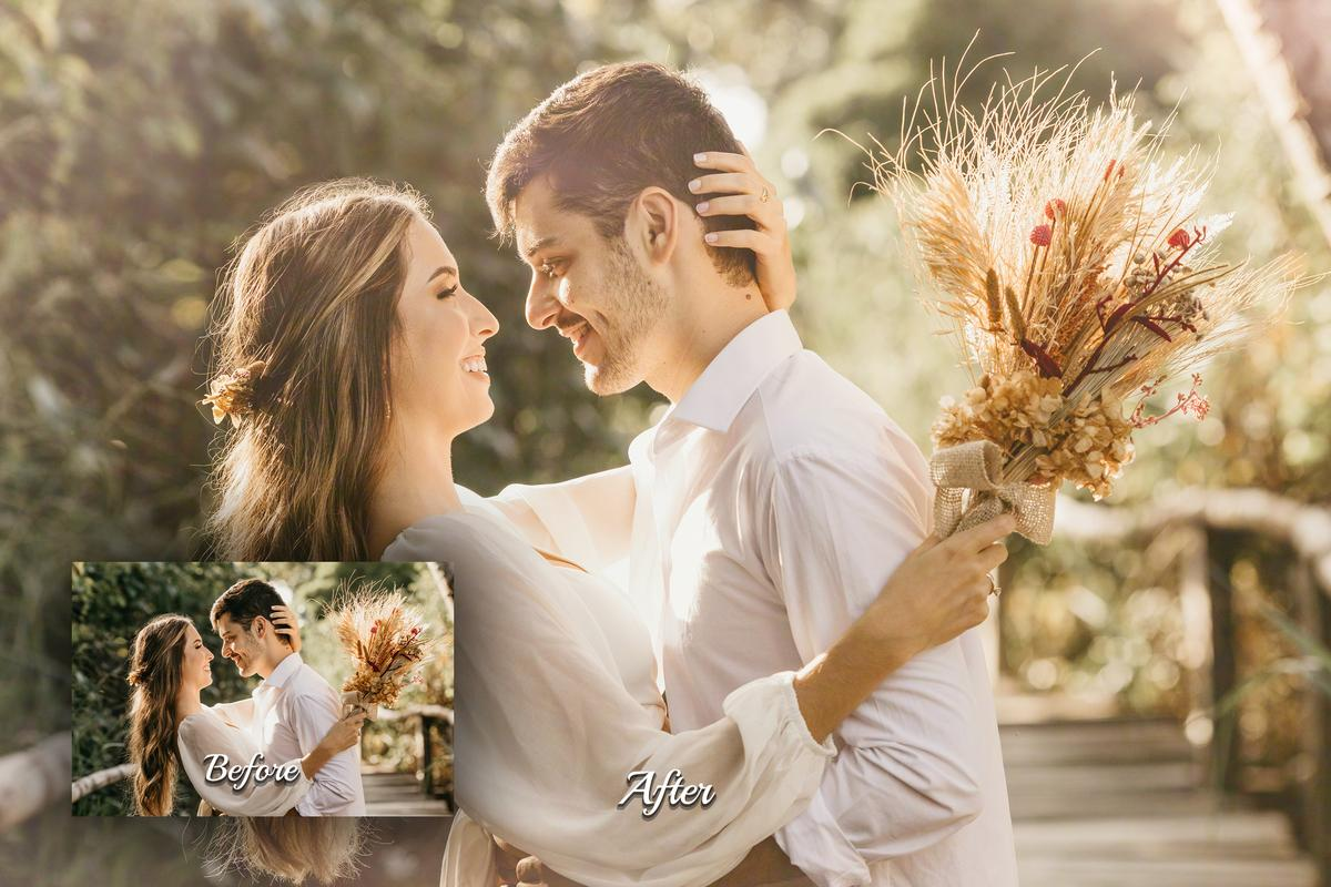 Overlay film transition with soft light leaks merging two romantic wedding scenes.