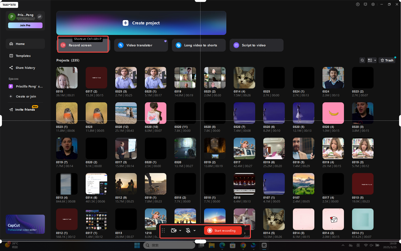 Using CapCut's Record screen feature