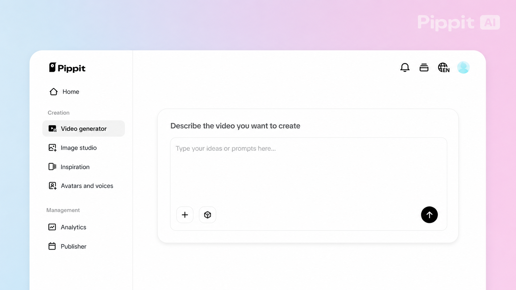 Pippit video generator interface with a prompt box and left sidebar menu
