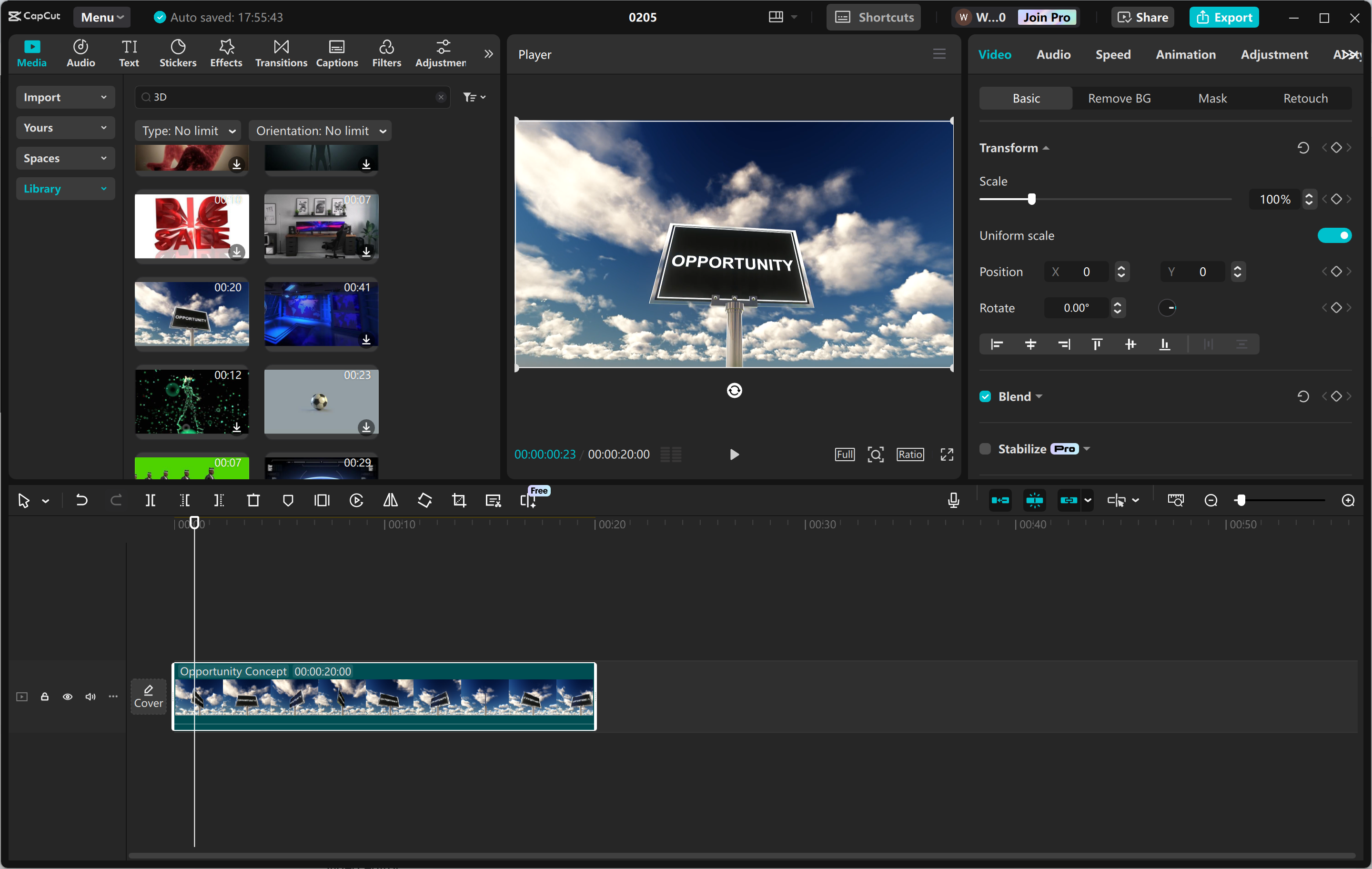Schnittstelle des CapCut Desktop-Video-Editors - Bearbeitung des 3D-Erklärvideos