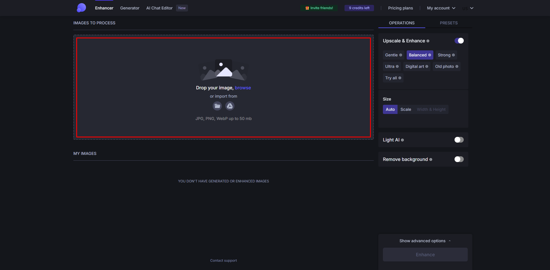 Importing an image to Let's Enhance