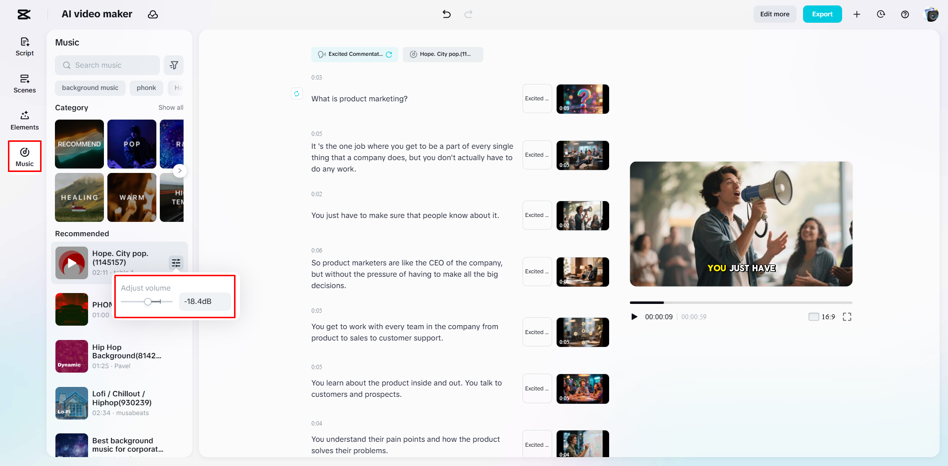 Háttérzene hozzáadása a marketingvideóhoz a CapCut Web segítségével.
