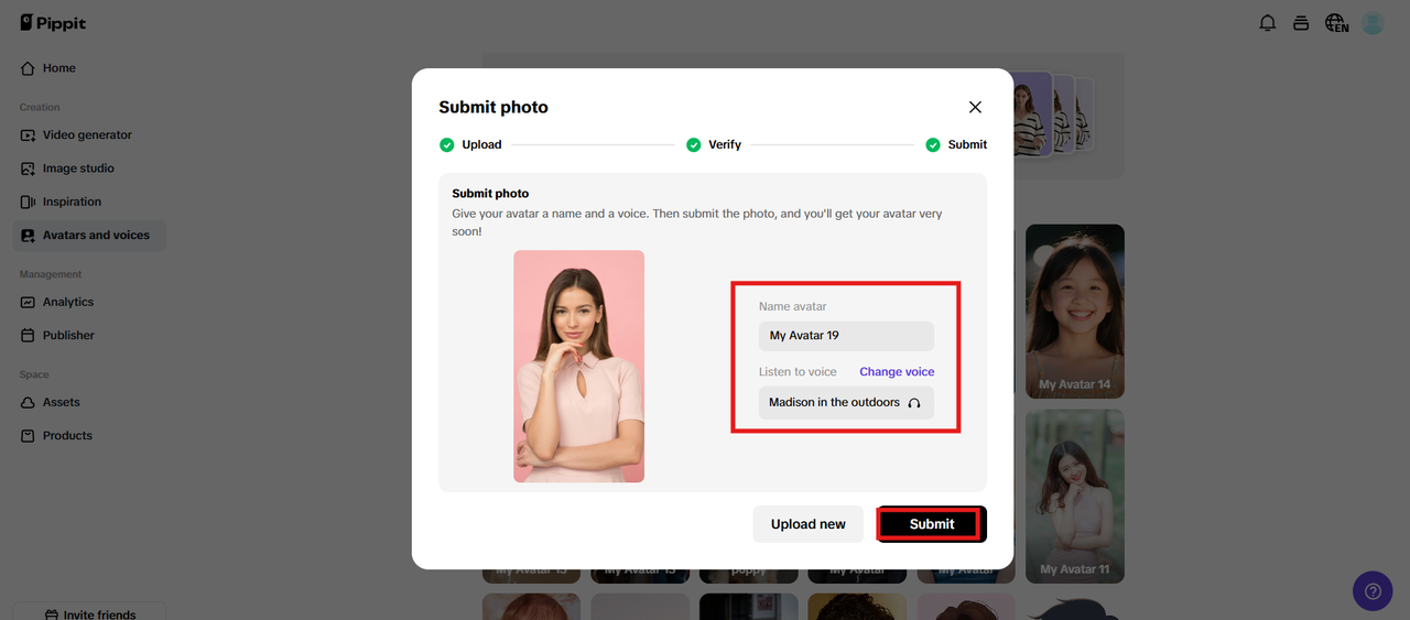 Bigyan ng pangalan ang avatar, pumili ng boses, at isumite