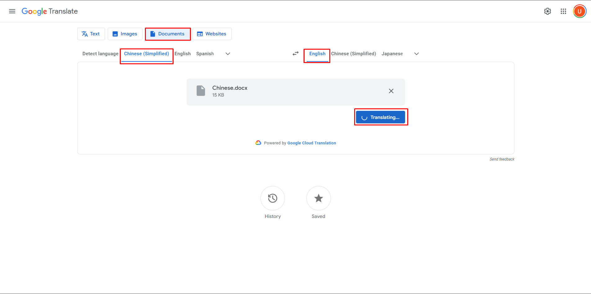 Translating a Chinese document to English with Google Translate