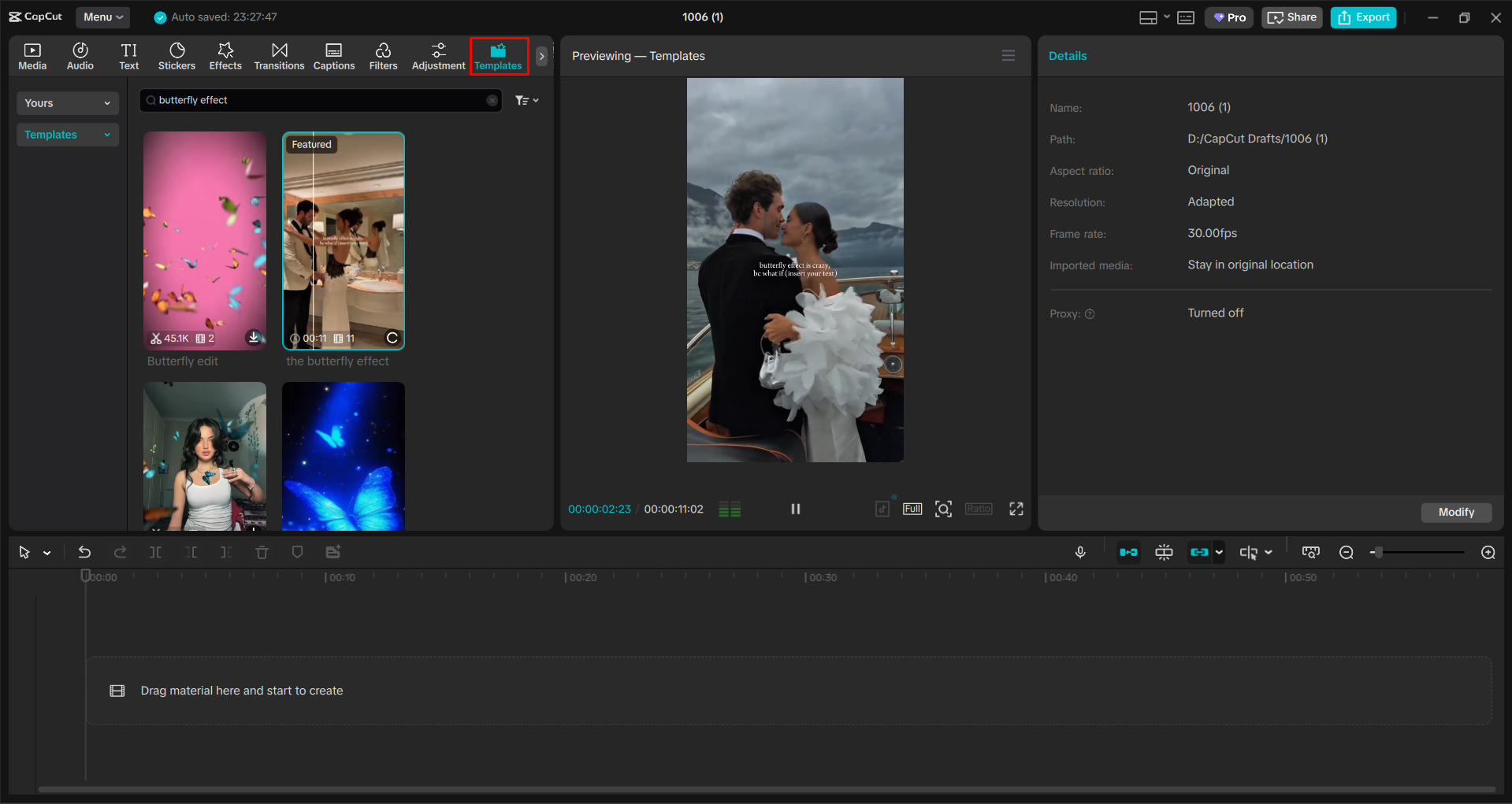 Accessing the Butterfly Effect video template in the CapCut desktop video editor