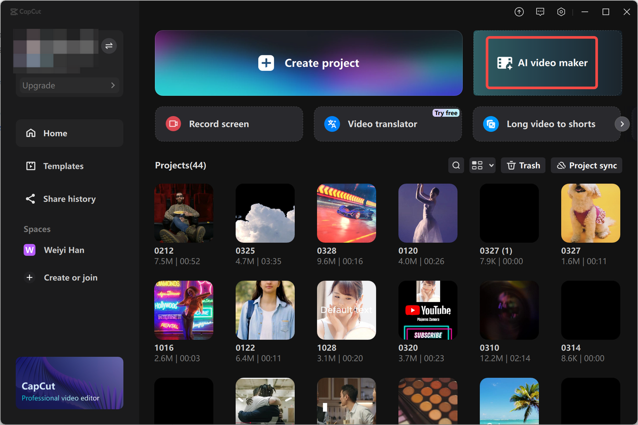 Accessing the AI video maker tool in the CapCut desktop video editor
